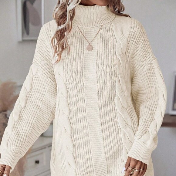 Beige Casual Womens Turtleneck Cable Knit Drop Shoulder Sweater Dress - Picture 4 of 5